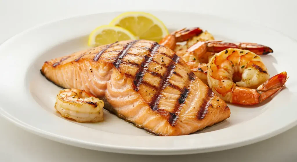 Longhorn Salmon with Redrock Grilled Shrimp, featuring a fire-grilled salmon fillet topped with seasoned shrimp, served with a side of rice and vegetables.