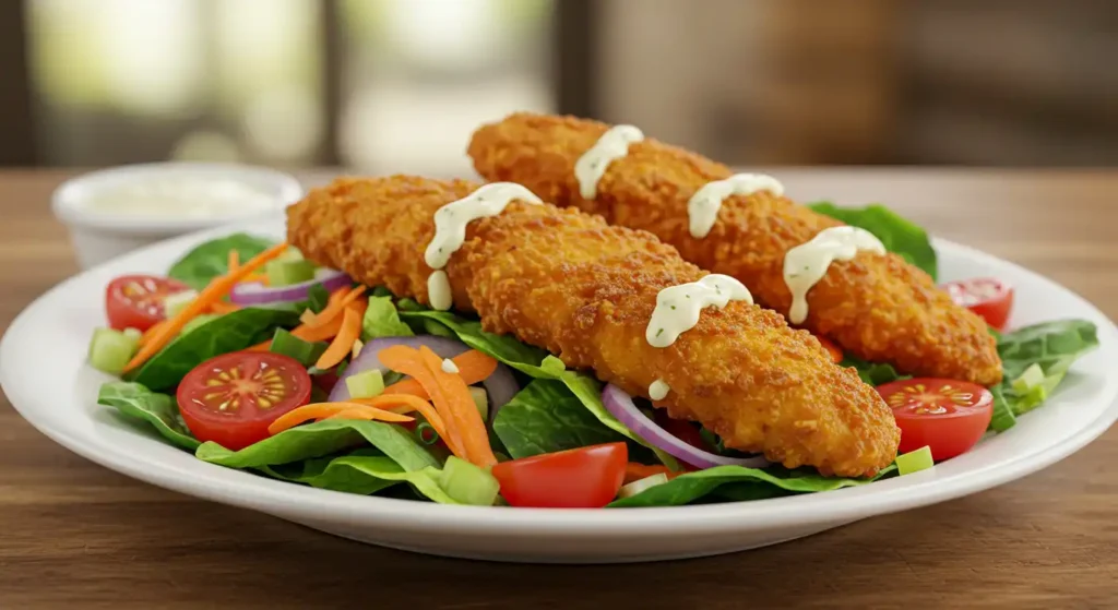 Longhorn Farm Fresh Field Greens with Crispy Chicken Tenders served on a plate with fresh vegetables, golden crispy chicken, and shredded cheese