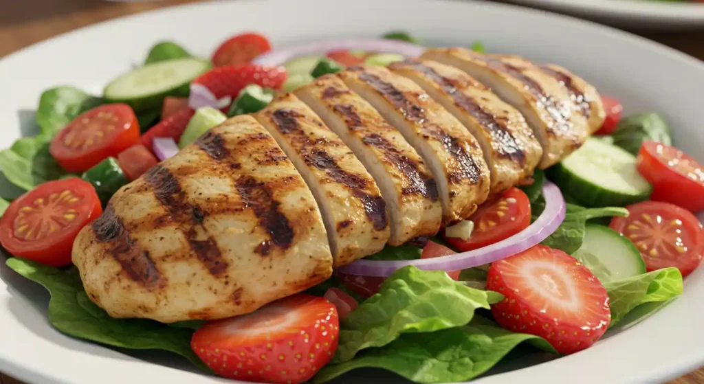 Longhorn Grilled Chicken & Strawberry Salad with fresh greens, grilled chicken slices, strawberries, candied pecans, and vinaigrette dressing
