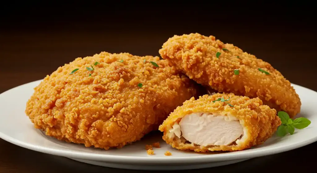 Golden, crispy hand-breaded chicken served with a side of mashed potatoes and green beans on a rustic wooden table