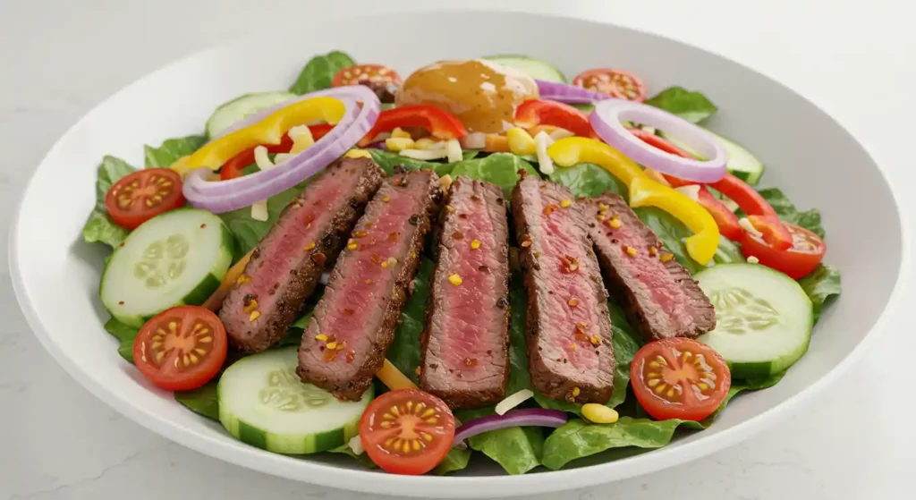 A fresh and colorful Longhorn 7-Pepper Sirloin Salad featuring grilled, spice-rubbed sirloin steak slices atop a bed of mixed greens, cherry tomatoes, cucumbers, and shredded cheese, drizzled with dressing.