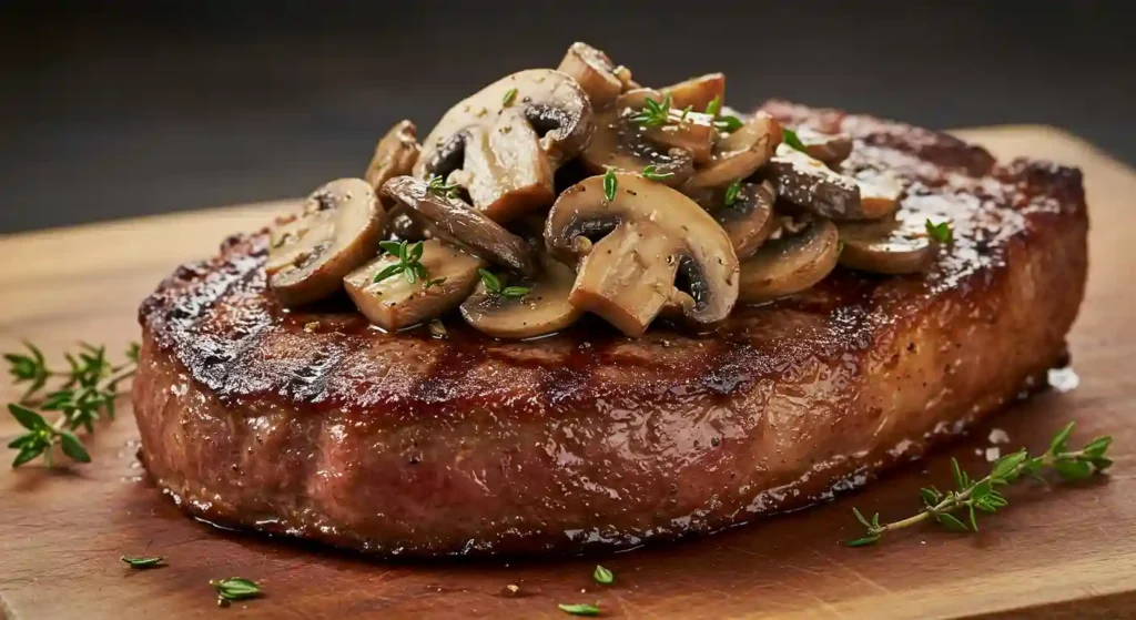 Juicy LongHorn Chop Steak topped with sautéed mushrooms, crispy onion straws, and garlic-herb sauce, served with mashed potatoes and broccoli.