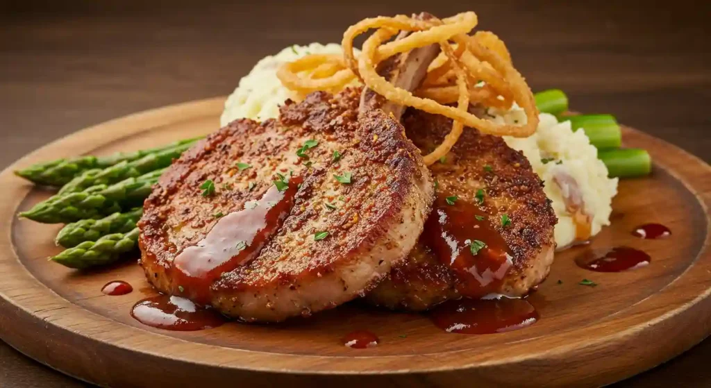 Bone-in Longhorn Cowboy Pork Chops, fire-grilled to perfection with a smoky char, served with a side of mashed potatoes and fresh steamed vegetables.
