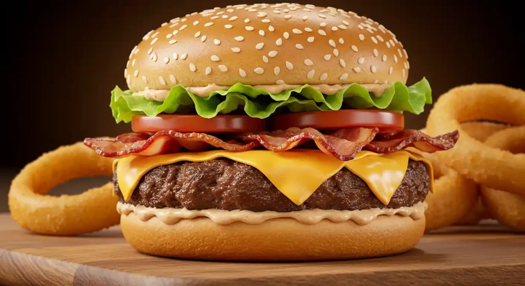 LongHorn The LH Burger – a half-pound flame-grilled beef patty, topped with crispy applewood smoked bacon, melted cheddar cheese, lettuce, tomato, and housemade burger sauce, served on a toasted potato bun with a side of seasoned steak fries