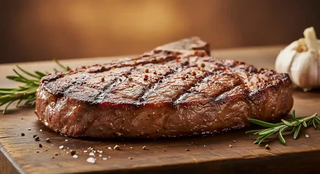 Juicy, fire-grilled LongHorn New York Strip steak with a perfectly seared crust, served with a side of baked potato and asparagus.