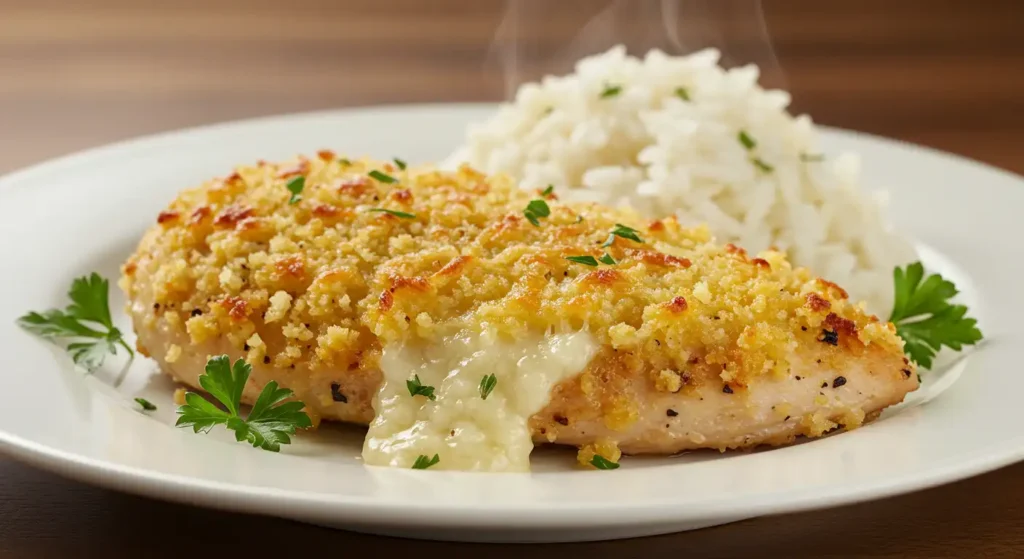 Parmesan Crusted Chicken topped with a golden, crispy Parmesan and garlic cheese crust, served hot and flavorful.
