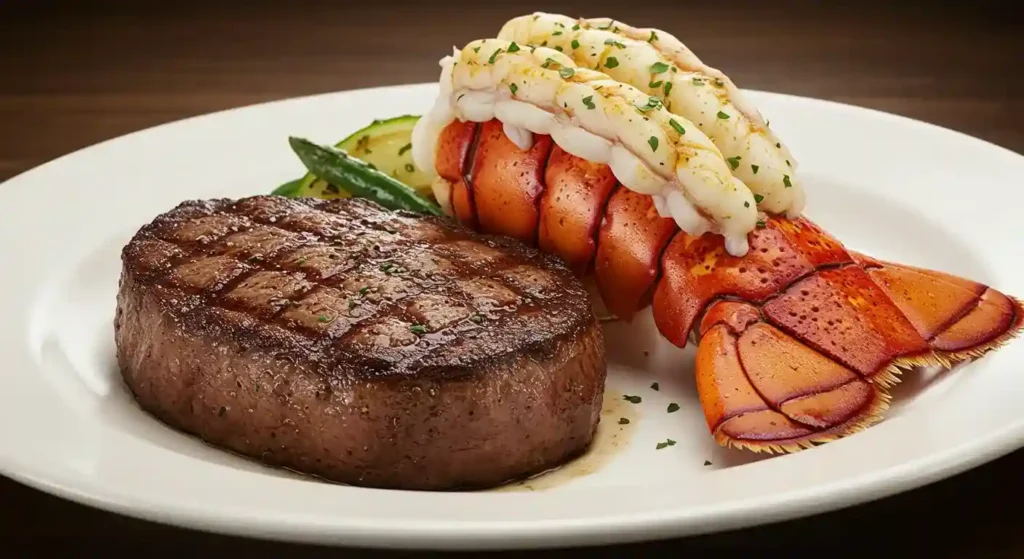 Flo's Filet with Lobster Tail with a succulent lobster tail, perfectly grilled and buttery.