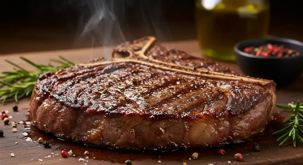 Juicy Longhorn Porterhouse steak, fire-grilled to perfection with a smoky char.