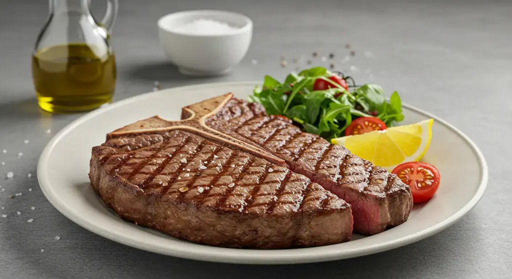 Fire-Grilled T-Bone Steak with a perfect char, served with mashed potatoes and steamed broccoli.
