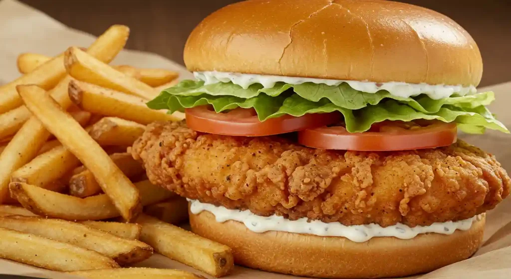 Crispy Buttermilk Chicken Sandwich served on a toasted potato bun with lettuce, tomato, pickles, and creamy ranch, paired with a side and a drink.