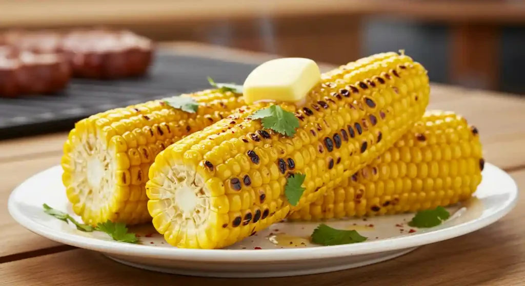 Fire-grilled corn on the cob with a golden char, brushed with butter and seasoning, served as a side dish at LongHorn Steakhouse.