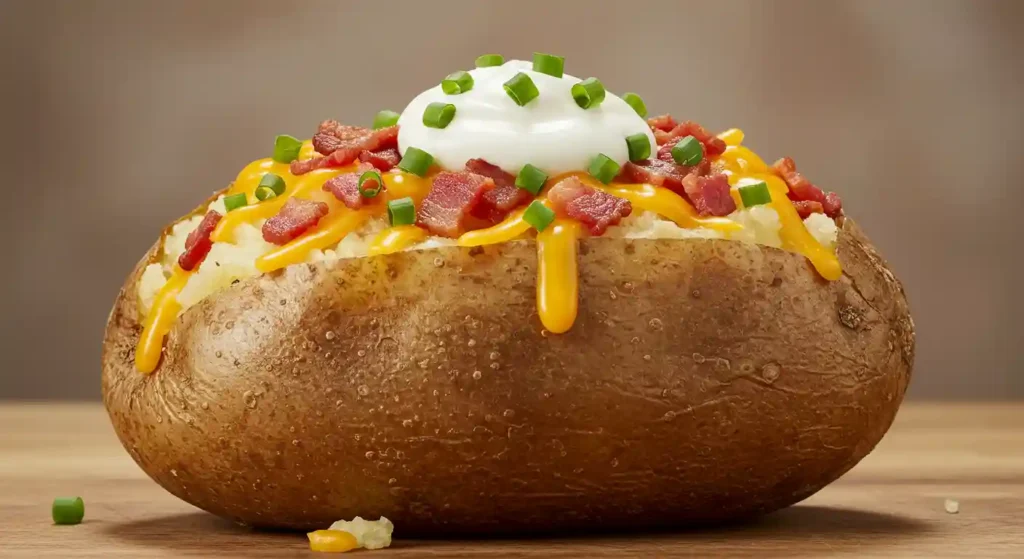 longhorn Loaded Baked Potato with cheddar, bacon, and sour cream.