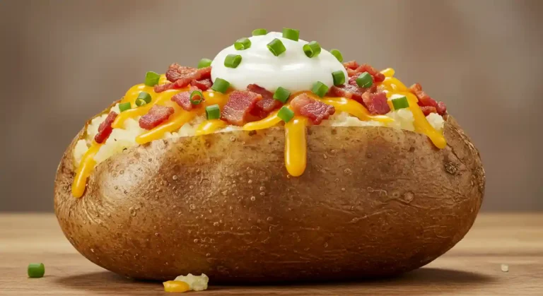longhorn Loaded Baked Potato with cheddar, bacon, and sour cream.