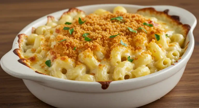 Close-up of longhorn Mac & Cheese with crispy Parmesan topping and bacon crumbles.