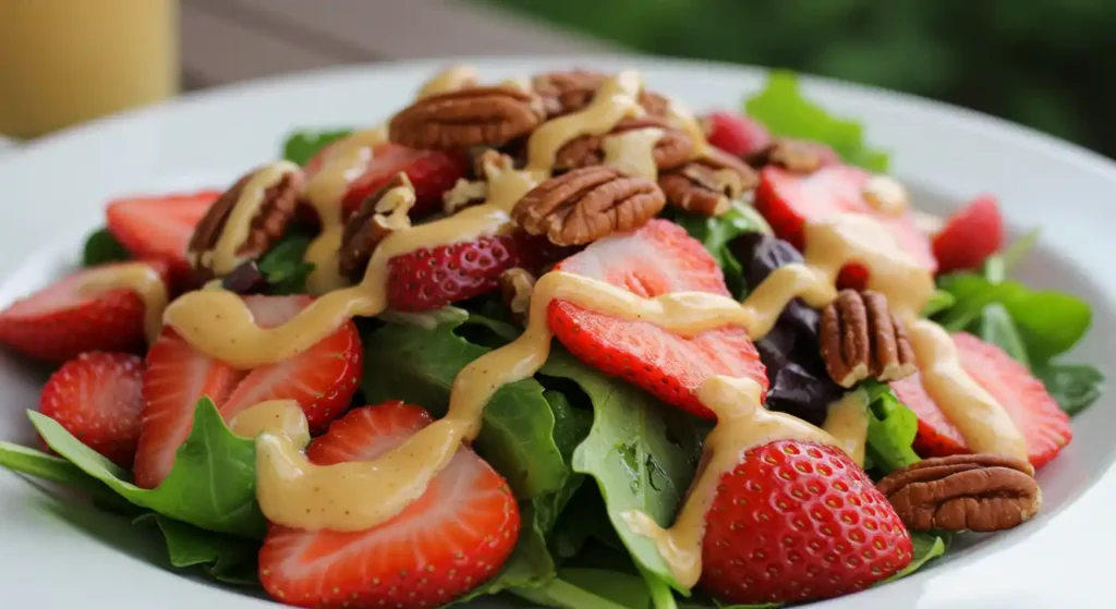 A fresh bowl of longhorn’s Strawberry & Pecan Salad with juicy strawberries, crunchy pecans, and creamy feta cheese, drizzled with balsamic vinaigrette.