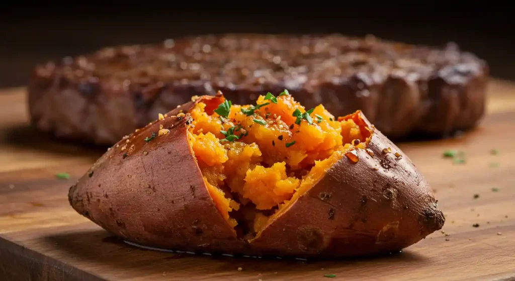 A perfectly baked longhorn sweet potato topped with cinnamon sugar butter, served warm and fluffy.