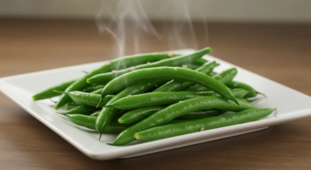 A plate of Longhorn’s Fresh Steamed Green Beans, lightly seasoned and perfectly cooked for a fresh, crisp bite.
