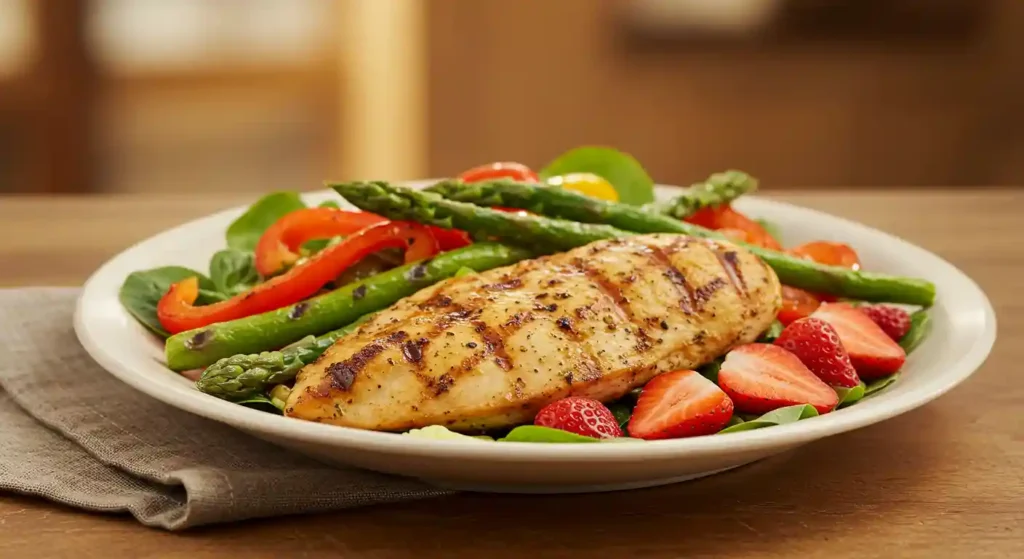 Fresh Grilled Chicken & Strawberry Salad with feta and pecans.
