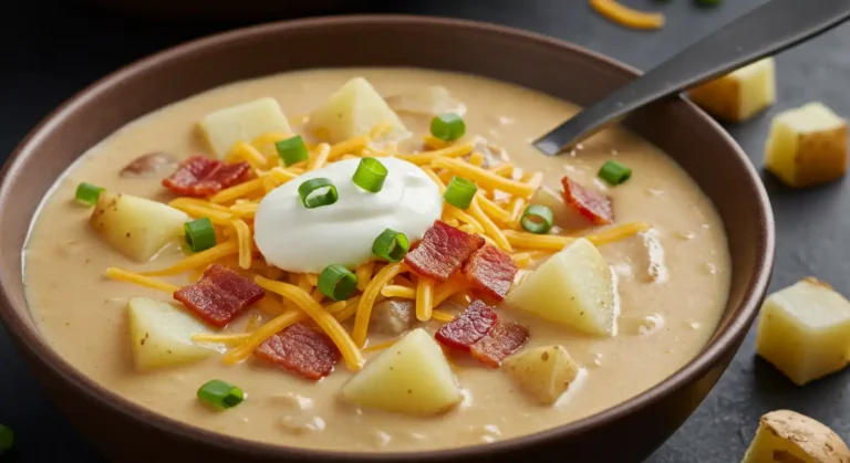 "Longhorn Loaded Potato Soup topped with crispy bacon, cheese, sour cream, and green onions."