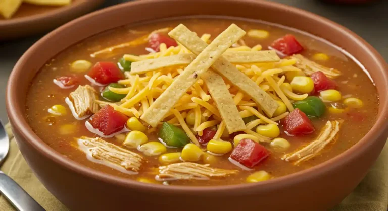 Delicious LongHorn Southwest Chicken Tortilla Soup with tender chicken, corn, black beans, and crunchy tortilla strips.